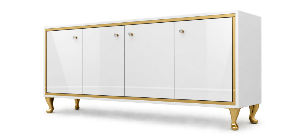 Komoda CRISTAL CHIC WHITE — biała komoda czterodrzwiowa ze złotą ramką i złotymi nóżkami