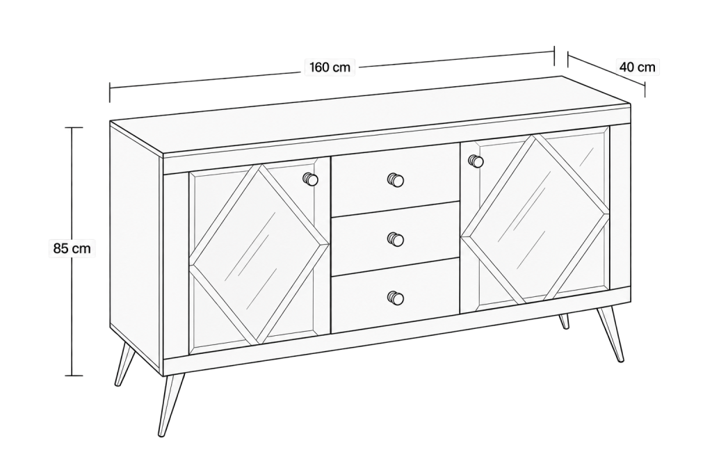 Szklana czarna komoda Glamour – lustrzane romby BELLAGIO BLACK — rysunek techniczny z wymiarami