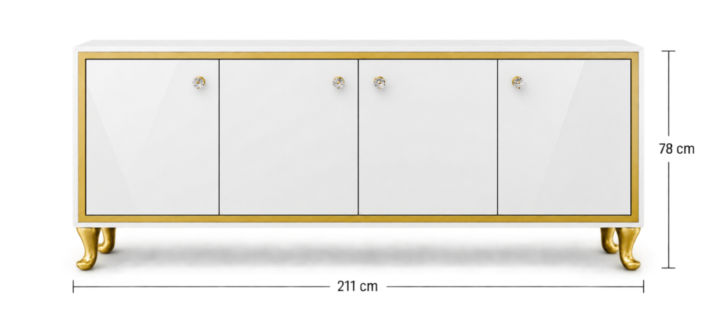 Komoda CRISTAL CHIC WHITE — biała komoda czterodrzwiowa ze złotą ramką i złotymi nóżkami — rysunek wymiarowy