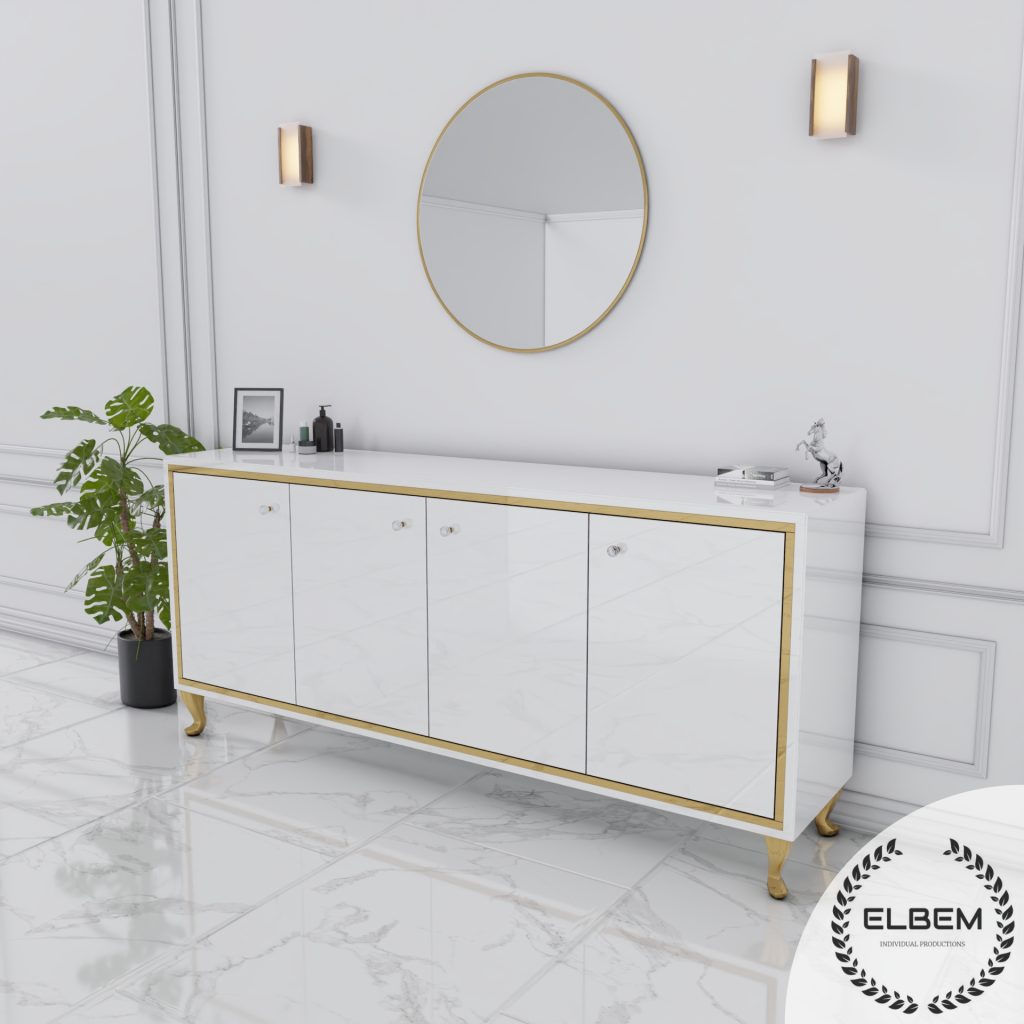 Komoda CRISTAL CHIC WHITE — biała komoda czterodrzwiowa ze złotą ramką i złotymi nóżkami