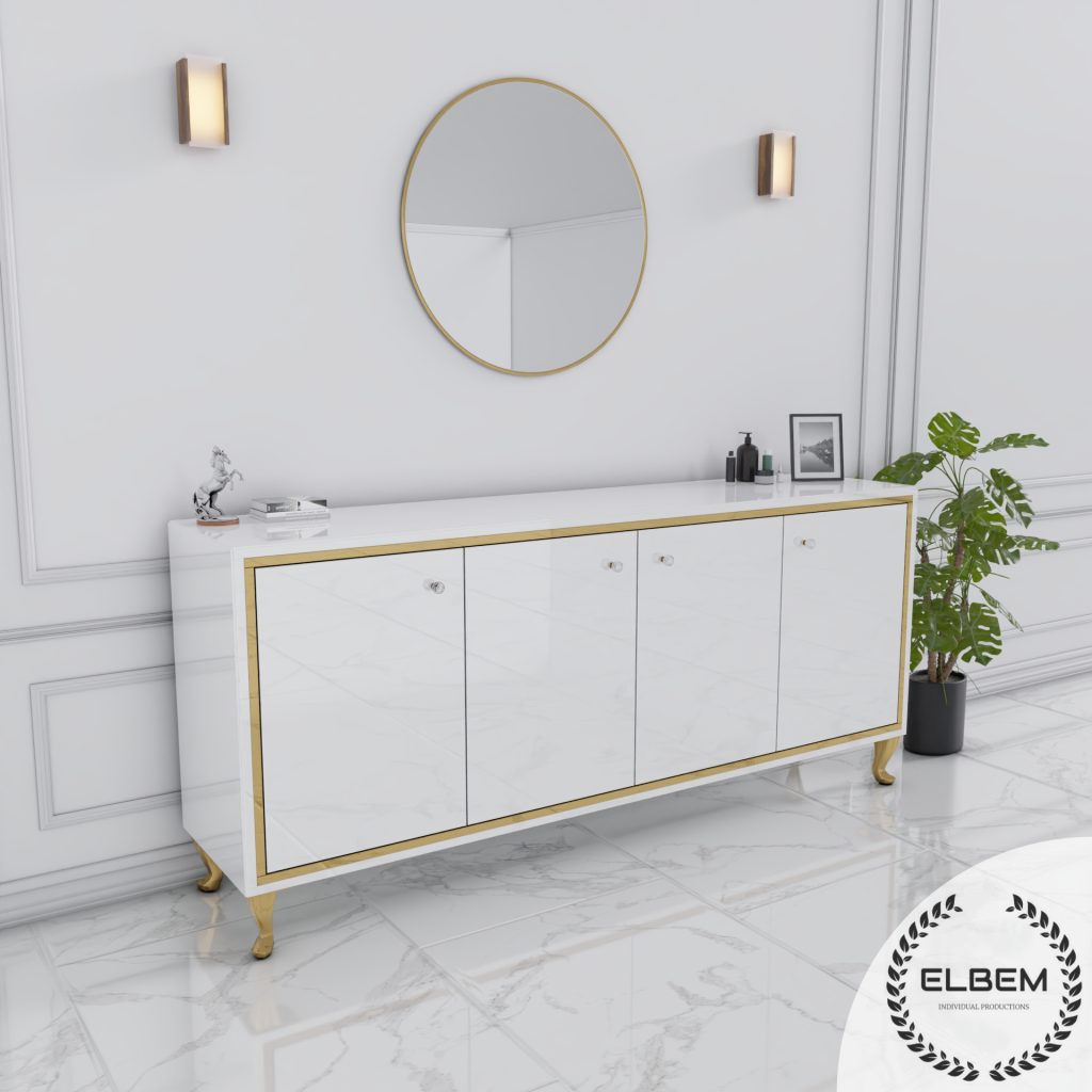 Komoda CRISTAL CHIC WHITE — biała komoda czterodrzwiowa ze złotą ramką i złotymi nóżkami