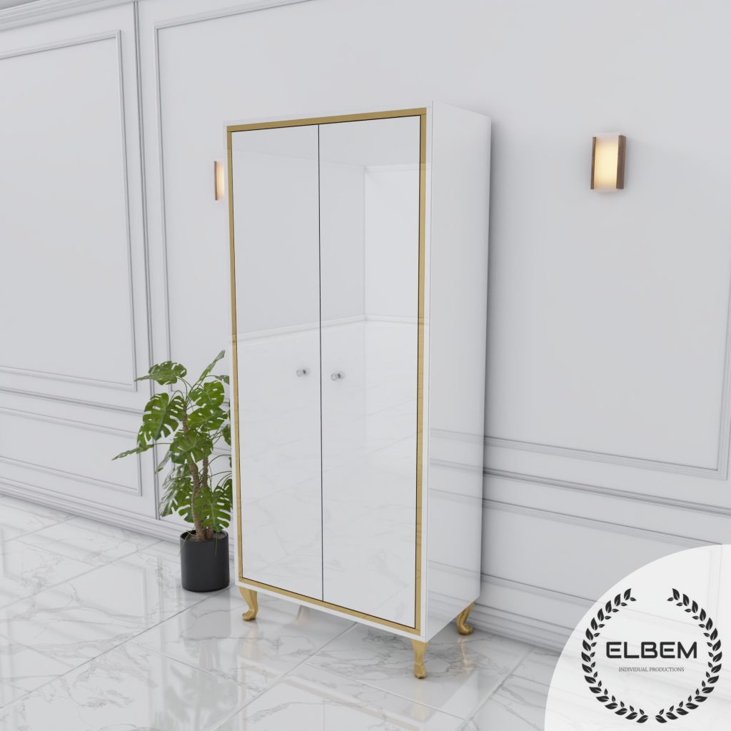 Biała szklana szafa NEROGLASS GOLD widziana pod kątem, ze złotą ramką, kryształowymi gałkami i złotymi nóżkami