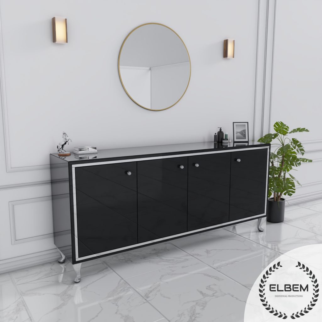Czarna szklana komoda NERO SILVER z lustrzaną ramką i chromowanymi nóżkami