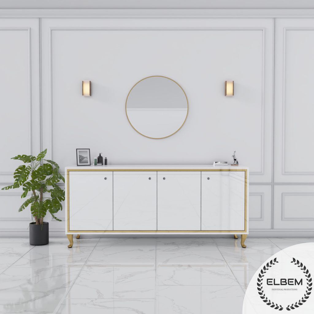 Komoda CRISTAL CHIC WHITE — biała komoda czterodrzwiowa ze złotą ramką i złotymi nóżkami