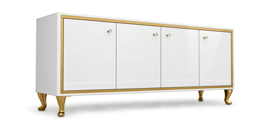 Komoda CRISTAL CHIC WHITE — biała komoda czterodrzwiowa ze złotą ramką i złotymi nóżkami
